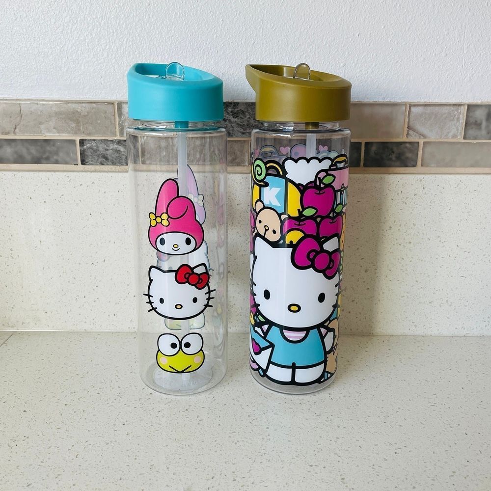 NEW‎ Sanrio Hello Kitty My Melody Keroppi Water Bottle Set of 2 Flip Straw Clear